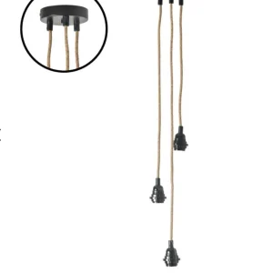 Suspension douille noir 3 cables 200cm de corde naturelle roseca